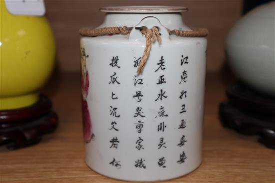 A Chinese famille rose teapot, a yellow glazed bottle vase, and a celadon glazed teapot vase 17cm incl. stand